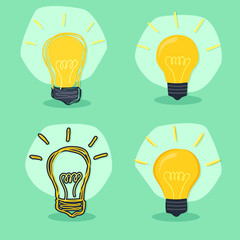 Light bulb idea concept business vector icon set with different drawing style shining in green background.
