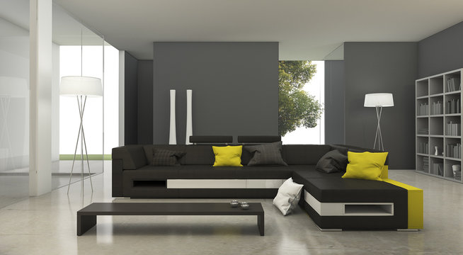 3d rendering modern yellow and black fabric sofa in bright living room
