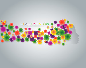 Hair of women made by colorful flowers. Concept for graphic design