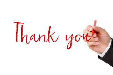 Thank you word and businessman hand holding pen on white background