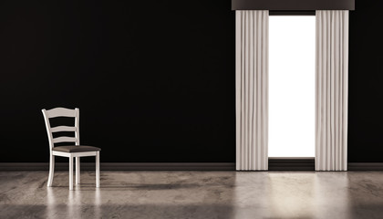 A chair on concrete polished floor with black wall and isolated window, 3d rendered