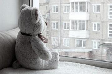 Toy Teddy Bear sitting on the windowsill and looking out the window