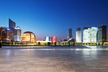 empty marble floor with cityscape and skyline of hangzhou