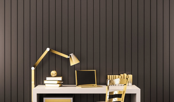 Working Space, Luxury Golden Objects On Working Desk With Black Aluminum Wall, 3d Rendered