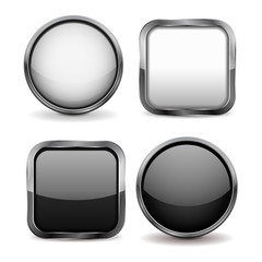 Glass buttons. Set of black and white shiny icons