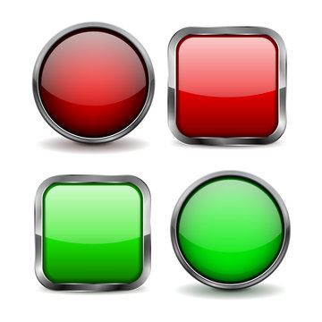 Glass buttons. Set of red and green shiny icons