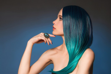 sexy girl with jewelry ring and blue hair