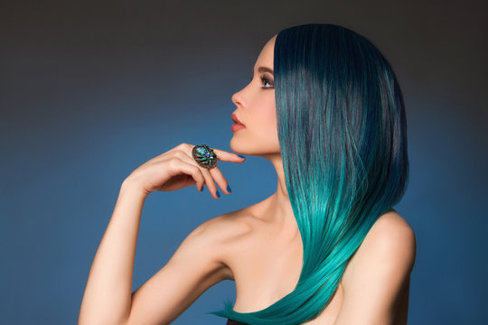 Sexy Girl With Jewelry Ring And Blue Hair