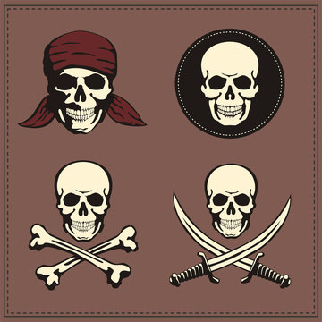 Skull, set pirate symbols, jolly rodger
