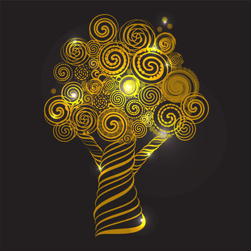 Fabulous Golden Tree with Curls and highlights. Doodle Style. Ve