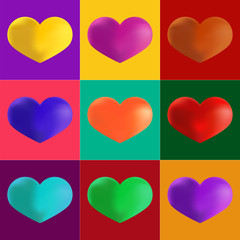 Hearts in different colours. Artistic Pop Art Style. Set of Colo