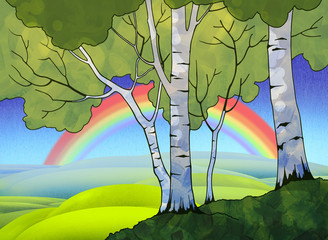 Cartoon hand drawn nature landscape with four birch trees