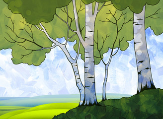 Cartoon hand drawn nature landscape with four birch trees