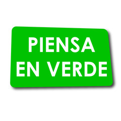 Icono plano PIENSA EN VERDE en rectangulo verde con sombra