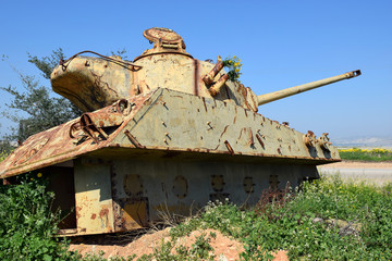 old jordanian destroyed tank left over from the Six Day War in Israel