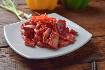 Stir fried pork with Pickled bean curd sauce and onion asian tha