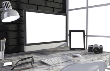 Fototapeta premium 3D illustration PC screen on table in office, Workspace
