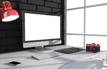 Fototapeta premium 3D illustration PC screen on table in office, Workspace