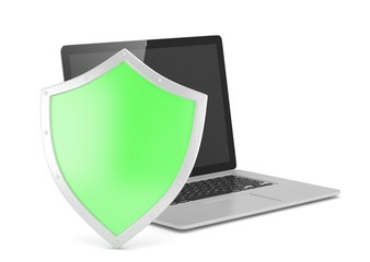 Laptop and shield on white, computer security concept