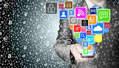 Business man using smart phone with social media icon set