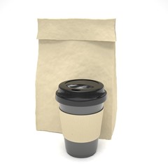 Coffee to go and lunch bag, on white.