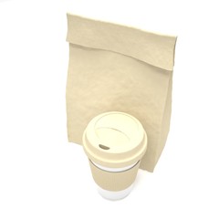 Coffee to go and lunch bag, on white.