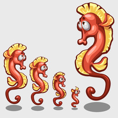 Funny red sea horse, five icons of different sizes