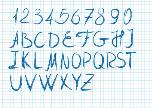 The letters and numbers written by hand in a school notebook. Brush Style Hand Draw Font Abc.  Handwritten blue sketch alphabet on a sheet from a school notebook. Vector script