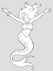 Funny cartoon illustration of a beautiful sea mermaid lady singing and dancing