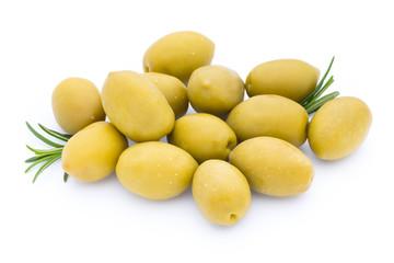 Olives on leaves isolated on white.