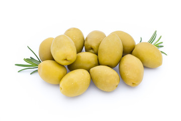 Olives on leaves isolated on white.