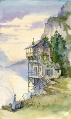 Fototapeta na wymiar Fabulous house, Watercolor landscape. mountains, sea, water, sunset.
