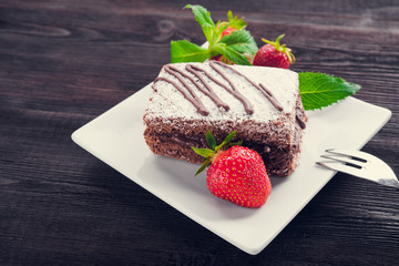 Chocolate cake with fresh strawberries