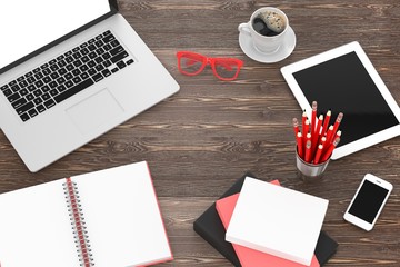 laptop and office stuff, workplace, top view