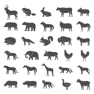 Vector set black silhouettes of animals