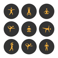 Vector gold set of icons yoga women. Modern symbol for yoga club.