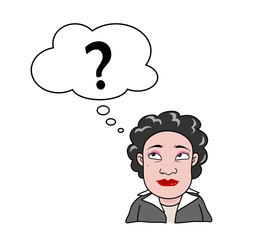Woman with Question Mark, a hand drawn vector cartoon illustration of a career woman thinking about something.