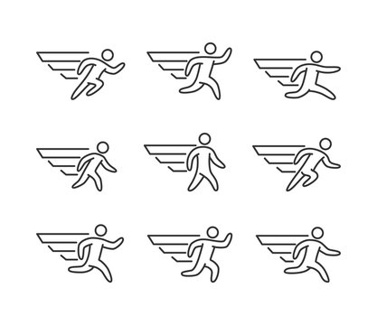 Modern outline runners icons. Vector line figures runners and running symbol. Icarus and a man with wings.