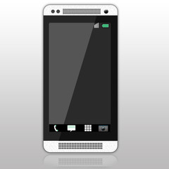 painted with black screen White realistic smartphone. convenient base for advertising. gray gradient background mirror in which is reflected the phone