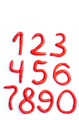 Red plasticine numbers on white background