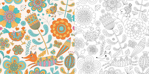 Abstract floral seamless pattern with fox, hen and chicken. Hand drawn doodle. Vector illustration. 