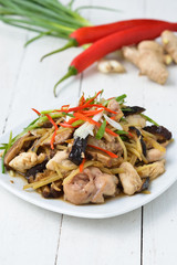 Stir fried chicken, ginger and mixed vegetables