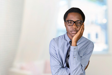 Closeup portrait headshot scared stressed worried, Anxious Businessman