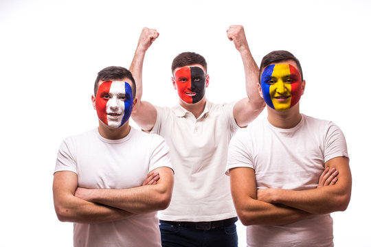 France - lose, Albania - win, Romania – lose. Football fans of national teams with crossed hand look at camera on white background. European 2016 football fans concept.