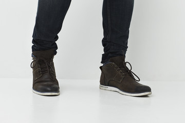 Man walking shoes in white studio