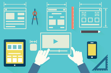 Flat vector illustration of mobile application optimization for devices, programming, design and analytics. Work process