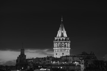 Illuminated Galata Tower in Istanbul