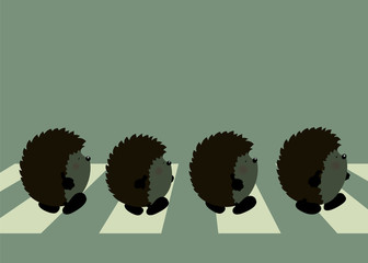 Four cute hedgehogs crossing the road © mangulica