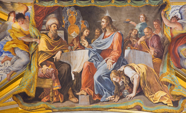 Rome - fresco Mary Washes Jesus's Feet in church Chiesa di Santa Maria Maddalena