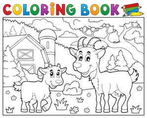 Coloring book happy goats near farm